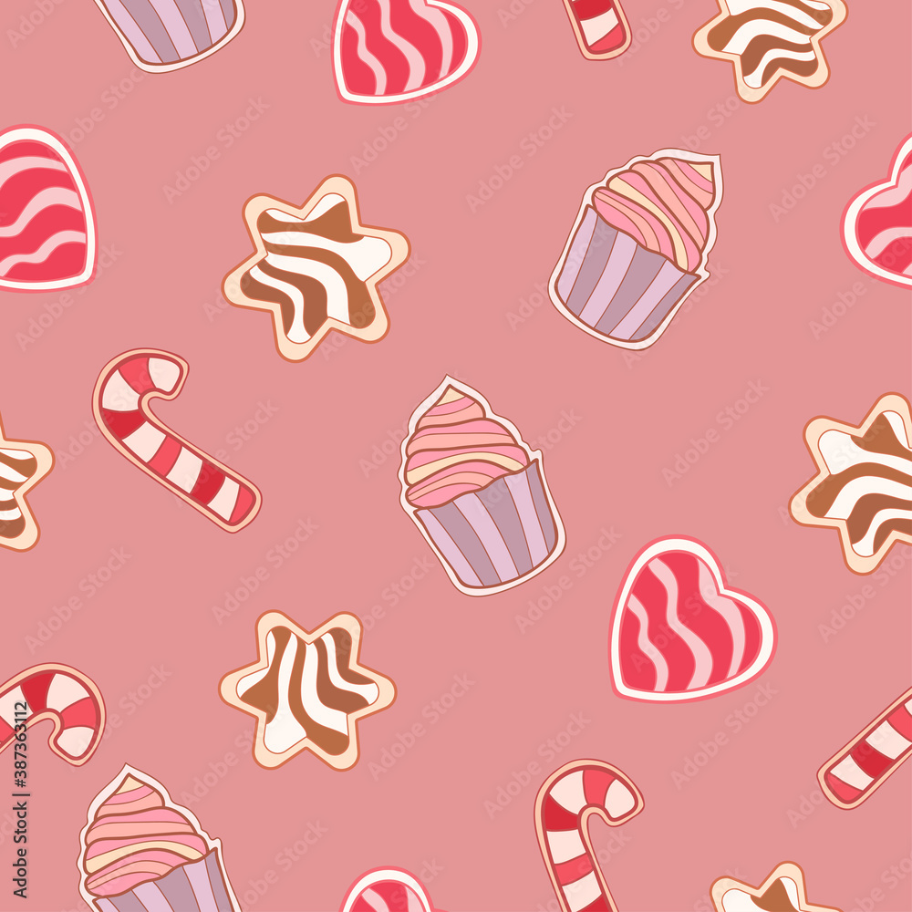 Christmas colorful sweets of muffin, heart, lollipop and star on calm pink background. Seamless food doodle winter pattern. Suitable for wrapping paper, textile, wallpaper. Christmas colorful sweets of muffin, heart, lollipop and star on calm pink background. Seamless food doodle winter pattern. Suitable for wrapping paper, textile, wallpaper.