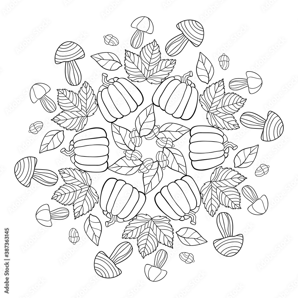 Doodle pumpkin, mushroom, chestnut and leaf in a round mandala on white isolated background. Suitable for coloring book pages.