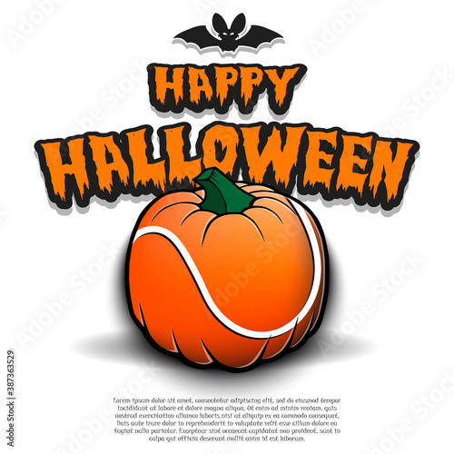 Happy Halloween. Template tennis design. Tennis ball in the form of a pumpkin on an isolated background. Pattern for banner, poster, greeting card, flyer, party invitation. Vector illustration
