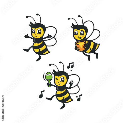 Cartoon Funny Black Yellow Striped Bee Vector Collection