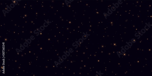 Night sky with shining stars seamless pattern. Fireflies flying in the night, yellow sparkles on a dark blue background. Golden stardust light effect. Abstract vector backdrop.