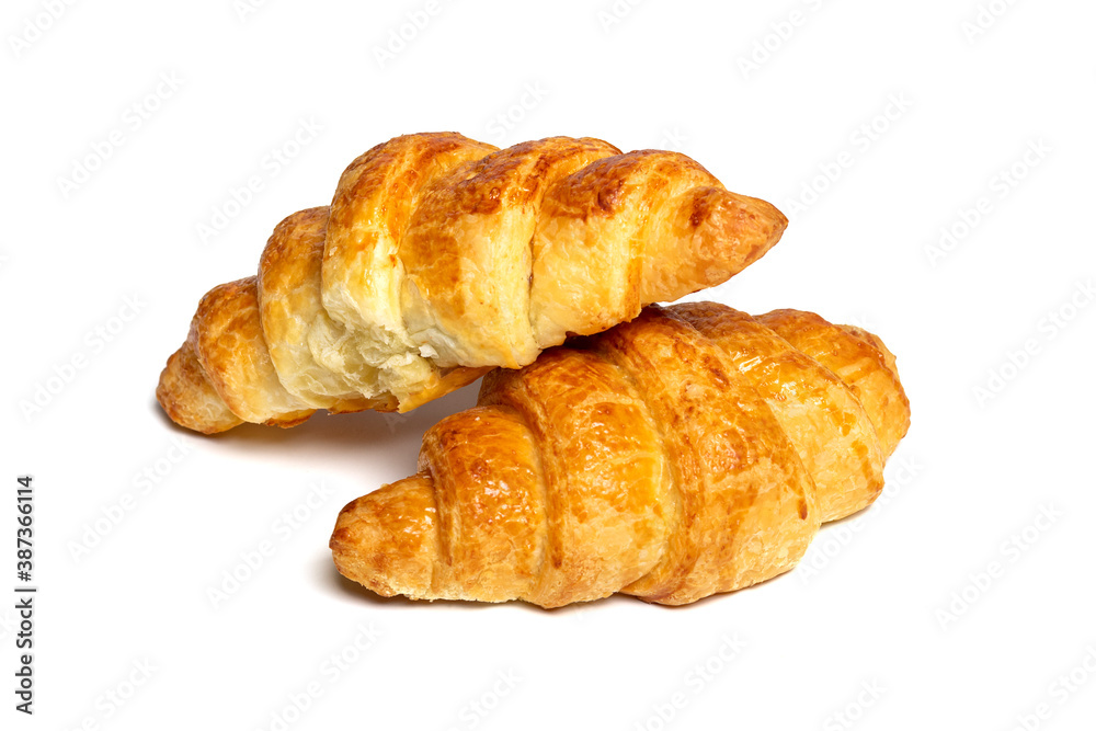 Fresh french croissant with chocolate isolated on white background Continental morning breakfast Top view Flat lay