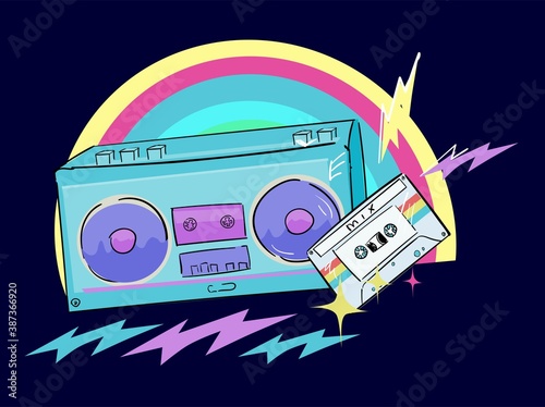 Hand drawn radio tape recorder and cassette with retro music for t-shirt printing vector illustration