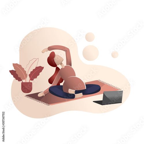 Pregnant doing yoga. Woman sitting on mat in front of a computer. Home office. Flat illustration. Yoga pregnant. Redhead pregnant girl.