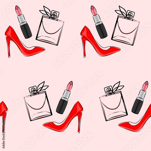 Fashionable vector illustration. An image of a transparent perfume bottle with lipstick and red high-heeled shoes inside. Glamorous sketch of women's fashion