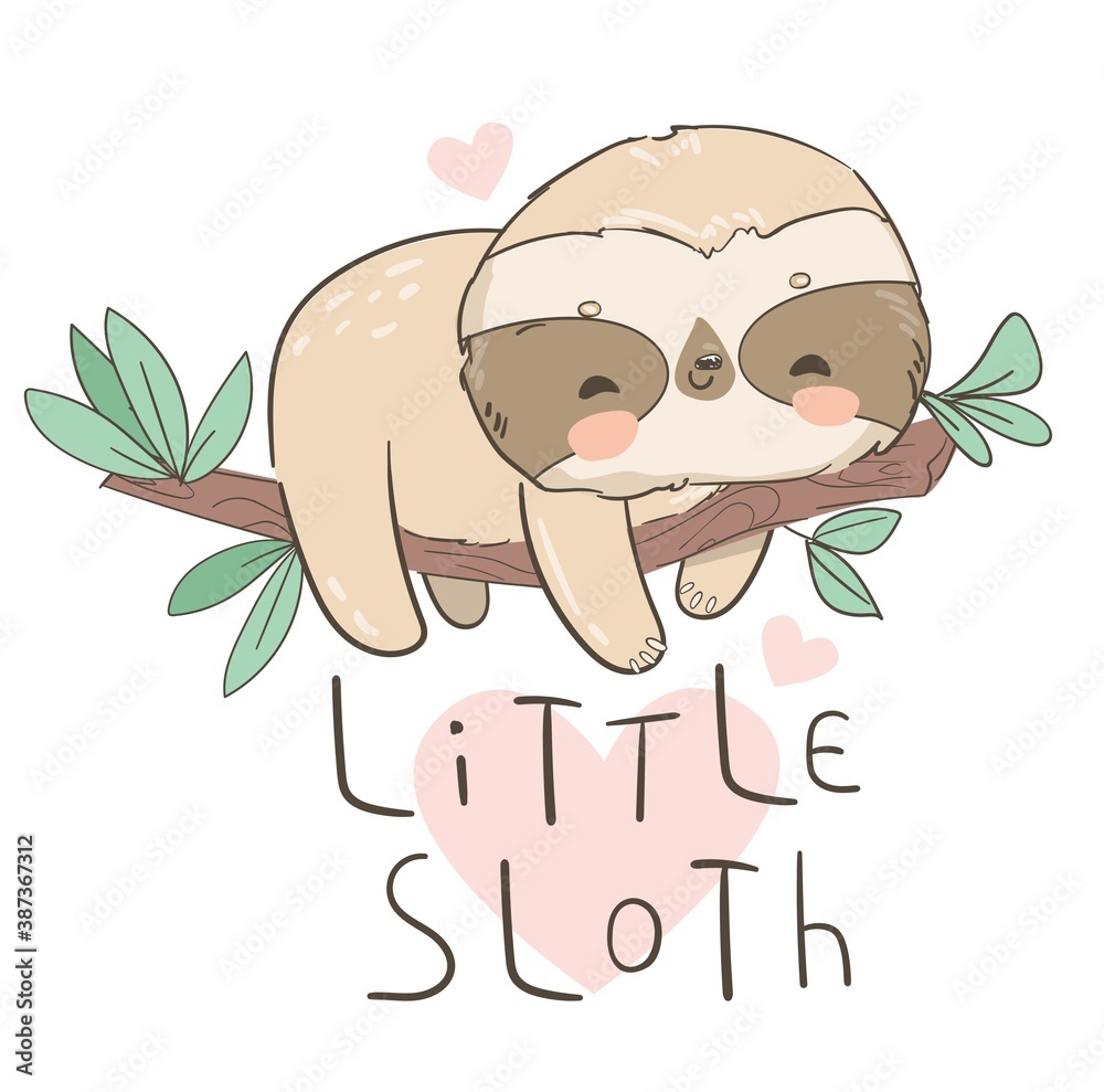 Fototapeta premium Hand drawn cute animal sloth on the tree vector illustration
