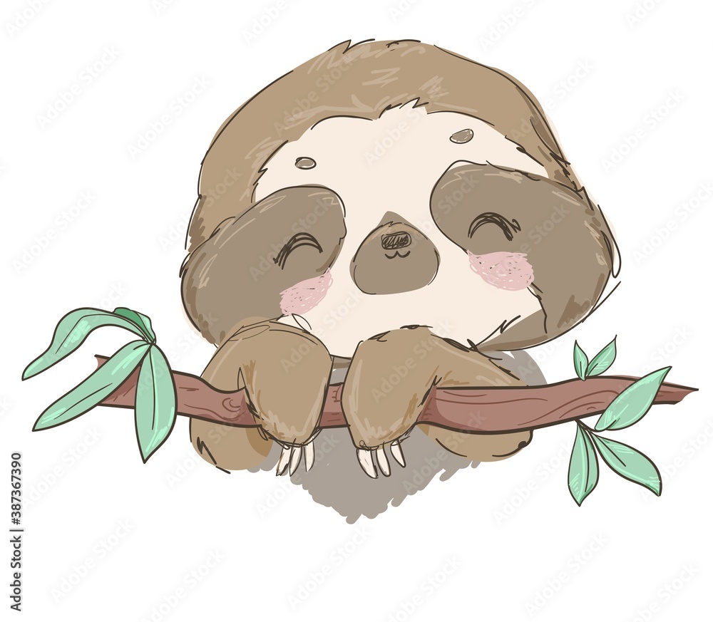 Fototapeta premium Hand drawn cute animal sloth on the tree vector illustration