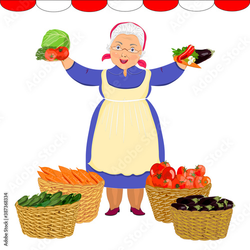 Grandmother in a scarf, glasses, apron. Farmers market with vegetables. Sell vegetables in a basket. Vector.