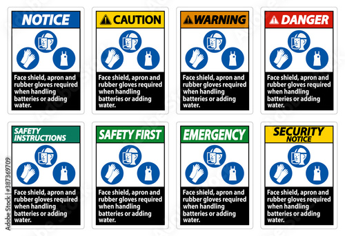 Face Shield, Apron And Rubber Gloves Required When Handling Batteries or Adding Water With PPE Symbols