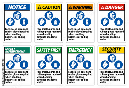 Face Shield, Apron And Rubber Gloves Required When Handling Batteries or Adding Water With PPE Symbols