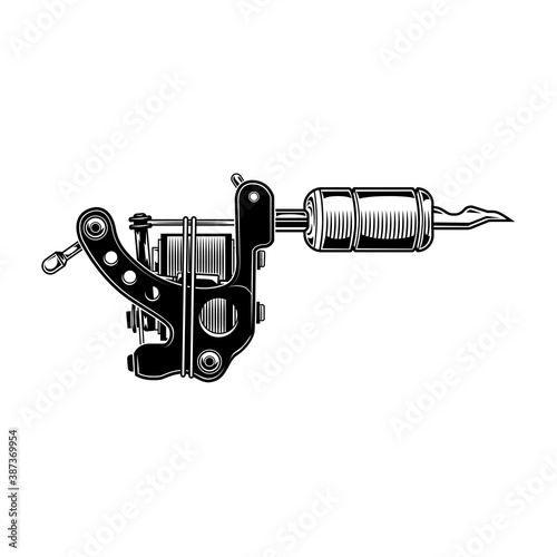 Retro black tattoo machine. Vintage isolated artwork on white background. Flat vector illustration. Tattoo studio and design elements concept