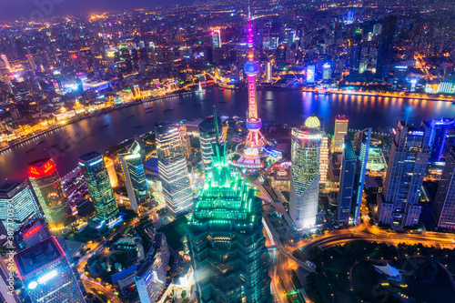 View over Pudong financial district at night, Shanghai, China
