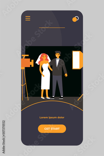 Happy newly married couple taking wedding photo. Bride, camera, groom flat vector illustration. Event and celebration concept for banner, website design or landing web page