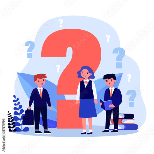 Children searching answers or questions. School, studying. Flat vector illustration. Education concept can be used for presentations, banner, website design, landing web page