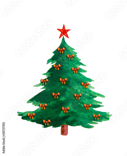 Watercolor fir tree with christmas star isolated on white.