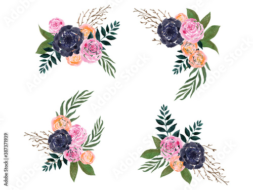 Fototapeta Naklejka Na Ścianę i Meble -  Watercolor deep dark indigo and pink and peach illustration Botanical flower leaves elements bouquet frame border  Set of wild and rose english rose garden and abstract leaves