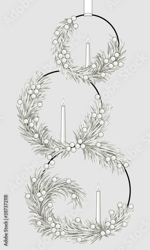 Colorinf with fir branches, berries and candles