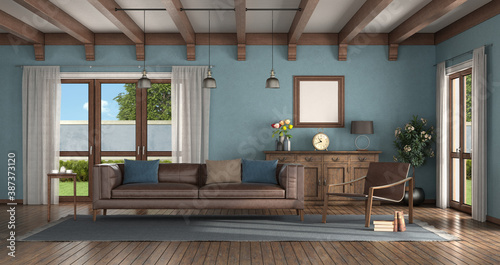 Classic style living room with blue walls