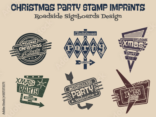Christmas Party Stamp Imprints Invitations, Textured Effect, Mid Century Modern Signboards Style 