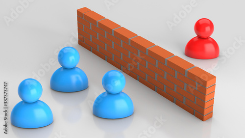 Misunderstanding between businessmen, conflict. Businessmen and a brick wall between them. 3d render