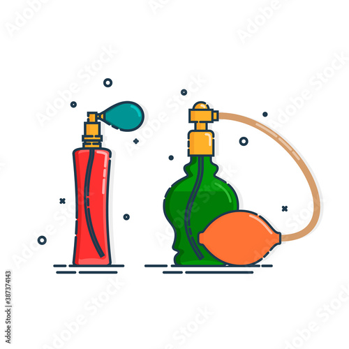 Perfume bottle isolated icon on white background. Two glamour container glass or plastic with spray system. Flat style design. Female cosmetic business. Graphic outline object
