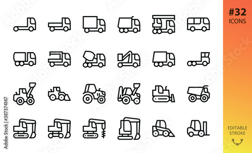 Heavy and construction machinery, trucks and tractors isolated icons set. Set of crane, cement mixer truck, transporter, front loader, farm tractor, dumper, crawler excavator, forklift vector icon
