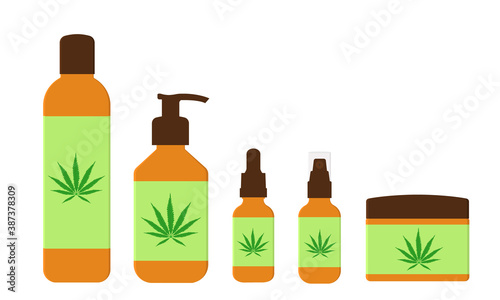 CBD oil cosmetic products in different bottles. Natural hemp cosmetic for skin and hair isolated on white background. Medical cannabis, сannabidiol. Vector flat illustration