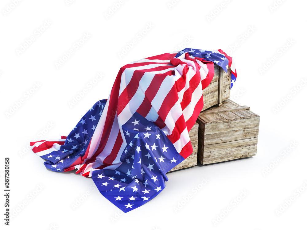 Fototapeta premium wooden boxes cover us flag isolated. u.s. goods concept. 3d illustration