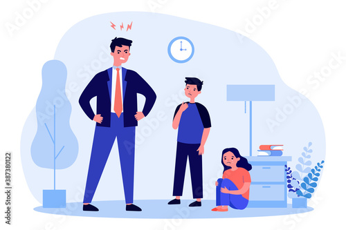 Angry father scolding his children. Quarrel, sadness. Flat vector illustration. Parenthood and upbringing concept can be used for presentations, banner, website design, landing web page