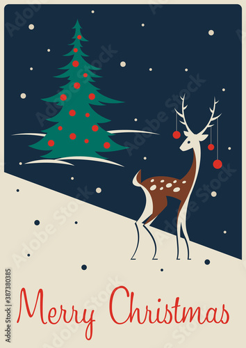 Christmas Greeting Card, Christmas Tree and Reindeer, Mid Century Modern Postcard Style Illustration 