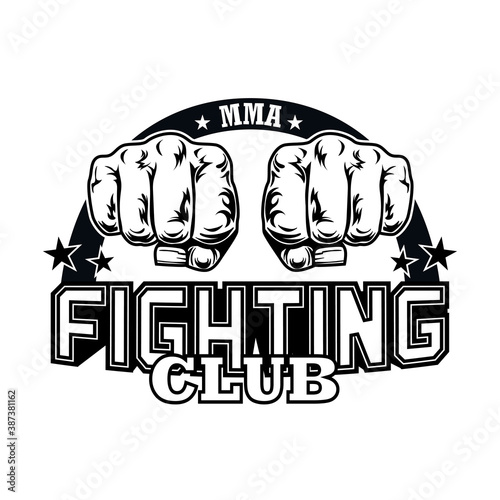 Fight club label with two fists. Boxing and fighting club logo with fist. Isolated vector illustration. Kickboxing and mixed martial arts and design elements concept