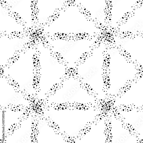 Vector tiny pebble terrazzo stone grid weave. Seamless interlace pattern background. Monochrome black and white stone shards woven style lattice backdrop. Geometric grunge effect all over print.