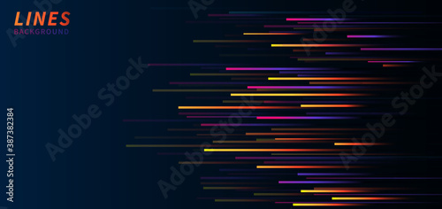 Abstract colorful horizontal speed lines on dark blue background. Technology style.