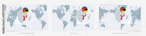 Three versions of the World Map with the enlarged map of Mozambique with flag.