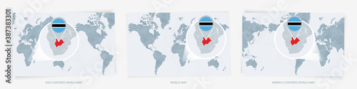 Three versions of the World Map with the enlarged map of Botswana with flag.