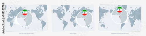 Three versions of the World Map with the enlarged map of Equatorial Guinea with flag.