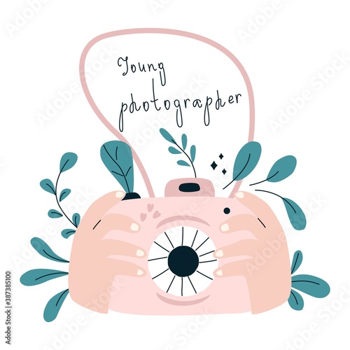 Pink camera in the hands of the photographer. Vector illustration, in a modern cartoon style, for printing in a magazine, postcard, poster, banner, clothing. Cute children's background. photo