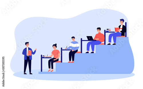 College students sitting in class room and writing or typing flat vector illustration. Cartoon teacher reading lecture for pupils. Side view. University education and high school lesson concept