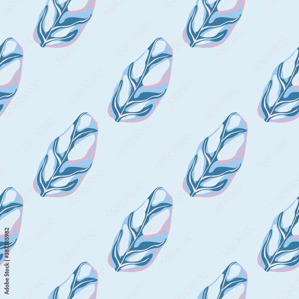 Bright diagonal marble monstera leaves ornament seamless pattern. Blue tones tropical foliage artwork. Hand drawn abstract print. Bright diagonal marble monstera leaves ornament seamless pattern. Blue tones tropical foliage artwork. Hand drawn abstract print.