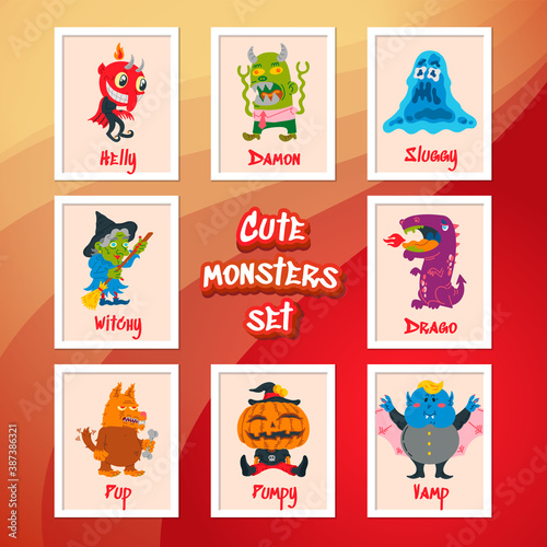 Halloween Doodle Character set. Handdrawn vector illustration with Monster, Slime Slug, Wolf, Devil, Pumpkin, Witch, Dragon, Vampire. Mystery, All Saints Day concept for halloween party, posters