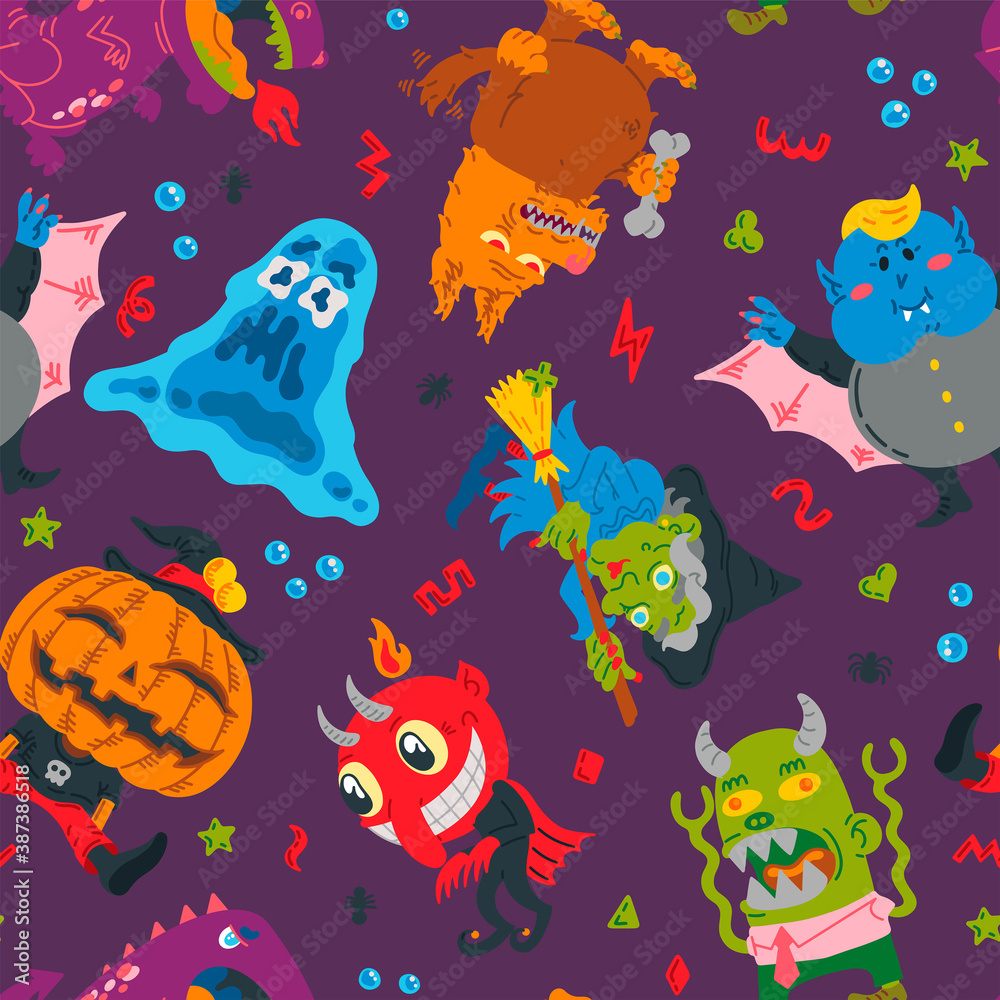 Halloween Doodle Character seamless pattern. Hand-drawn vector illustration with Monster, Slime Slug, Wolf, Devil, Pumpkin, Witch, Dragon, Vampire. Mystery, For background, wallpaper, fabric, paper