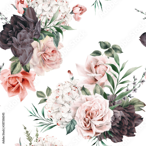 Seamless floral pattern with flowers on summer background, watercolor illustration. Template design for textiles, interior, clothes, wallpaper