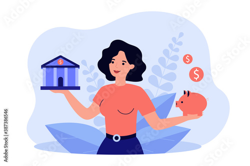 Woman choosing between bank and piggybank flat vector illustration. Cartoon lady thinking about money safety and budget planning. Economy choice and investment concept