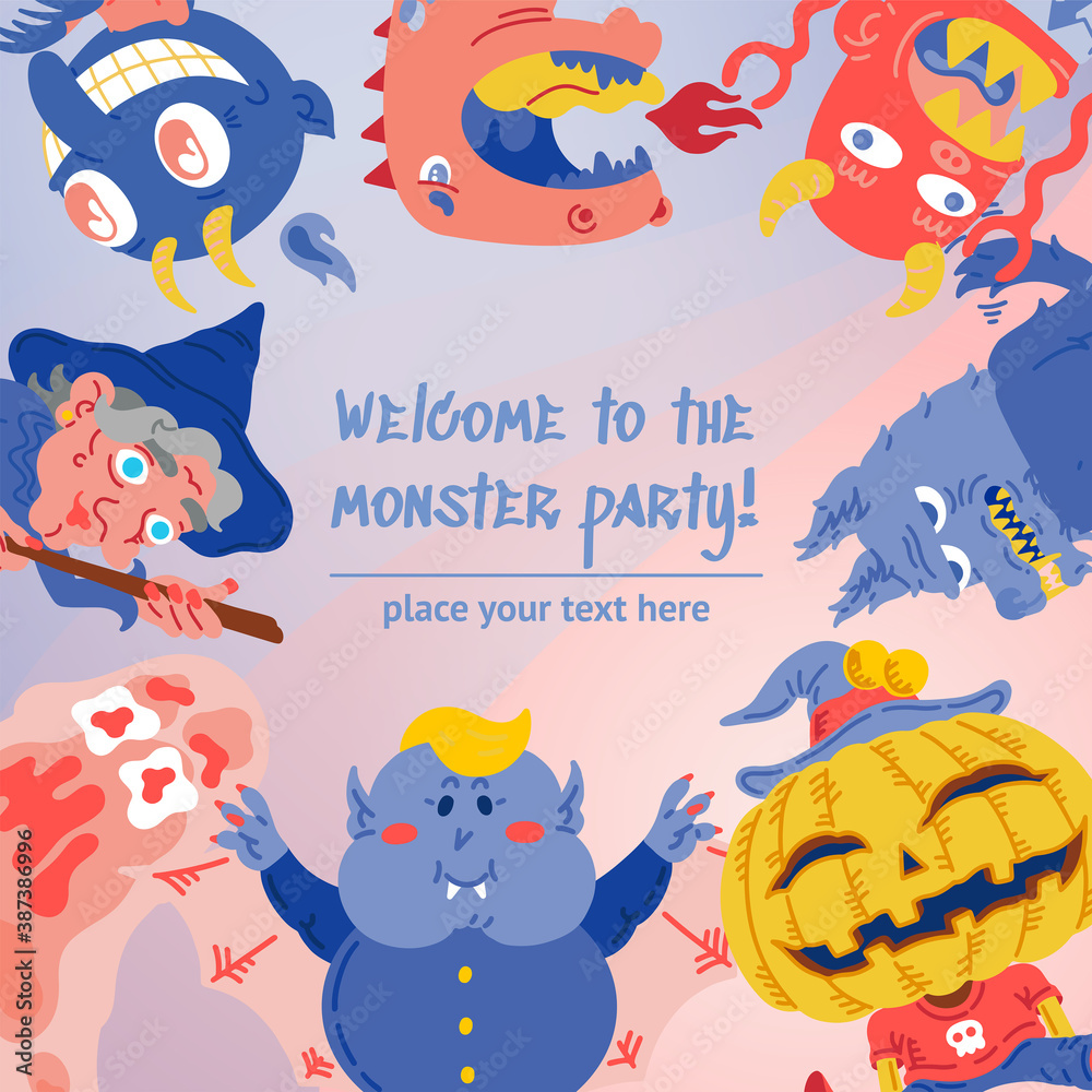 Fototapeta premium Halloween Doodle Character banner social media template with Copyspace. Hand drawn vector illustration Monster, Dragon, Slug, Wolf, Devil, Pumpkin, Vampire, Witch. Mystery, All Saints Day concept