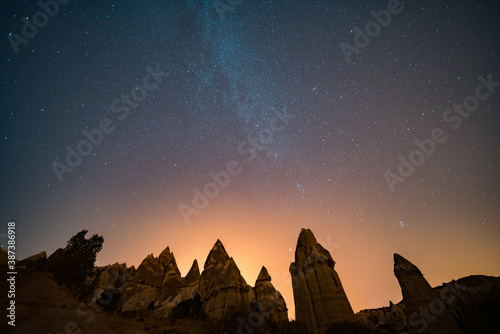 Cappadocia at night. Fairy chimneys under the stary night sky.