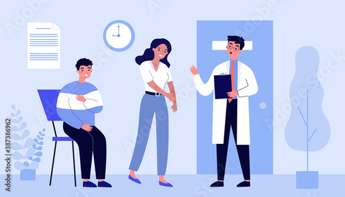 Woman with skin disease vising doctor. Hospital, discomfort. Flat vector illustration. Health concept can be used for presentations, banner, website design, landing web page