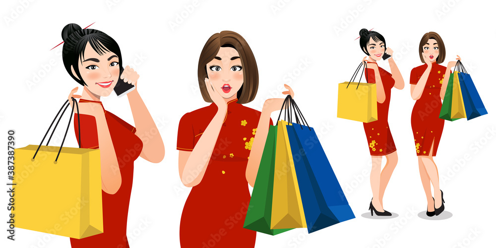 Chinese women in cheongsam dress holding shopping bags cartoon characters. Chinese new year sale concept vector