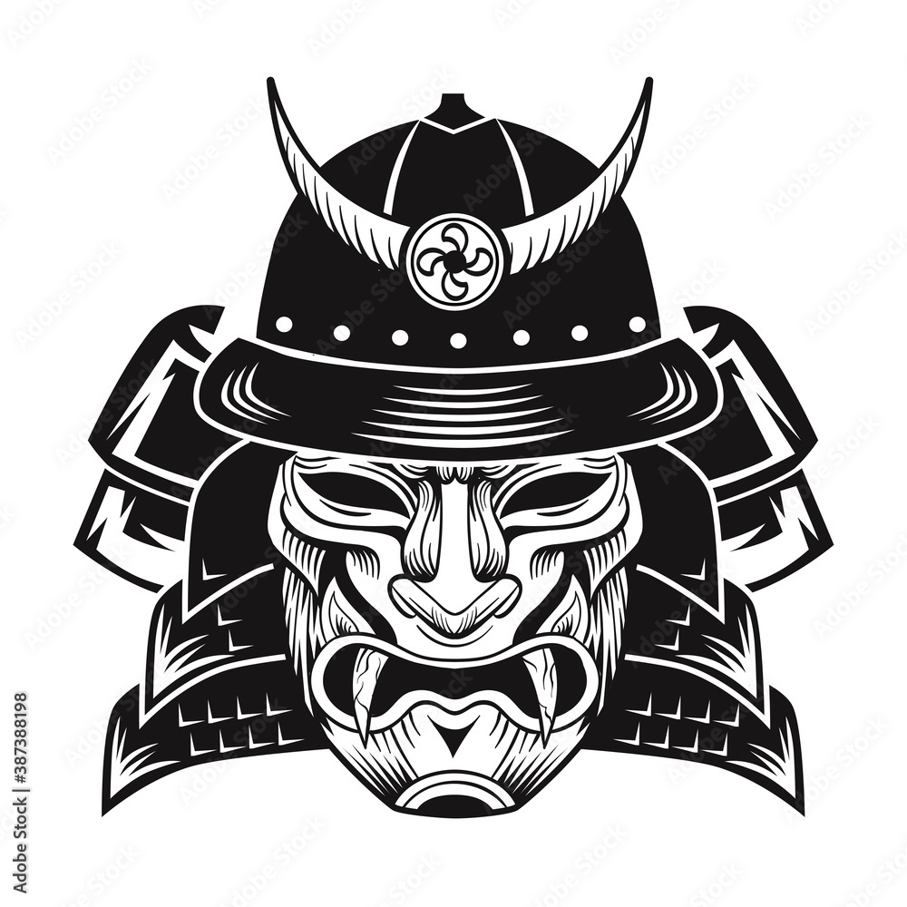 Samurai with black mask. Japanese fighter flat image. Vintage vector illustration. Military art and design elements concept Samurai with black mask. Japanese fighter flat image. Vintage vector illustration. Military art and design elements concept