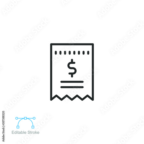 Cashier receipt icon. ATM machine receipt. paper shop receipt with Dollar symbol for slip or bill payment. Line style pictogram. Editable stroke. Vector illustration. Design on white background. EPS10