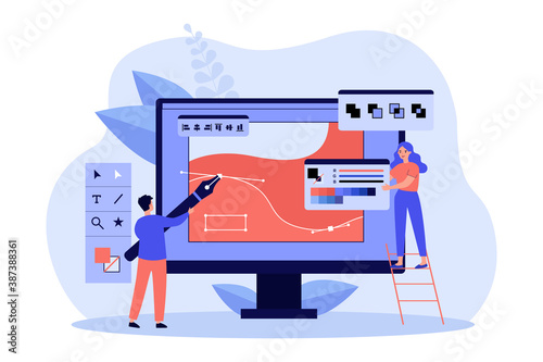 Tiny people drawing with pen in graphic editor isolated flat vector illustration. Cartoon creative guy and woman working together on giant computer display. Digital technology and design concept